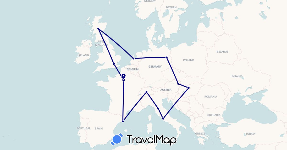 TravelMap itinerary: driving in Austria, Switzerland, Germany, Spain, France, United Kingdom, Hungary, Italy, Netherlands (Europe)